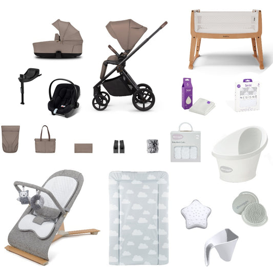 Venicci Claro Pushchair & carrycot in Almond, complete with all babies essential including car seat, crib, bath and bath time accessories.