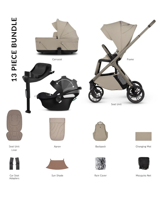 Tila 13 piece pram bundle with aton b2 car seat, isofix base and accessories in latte colourway.