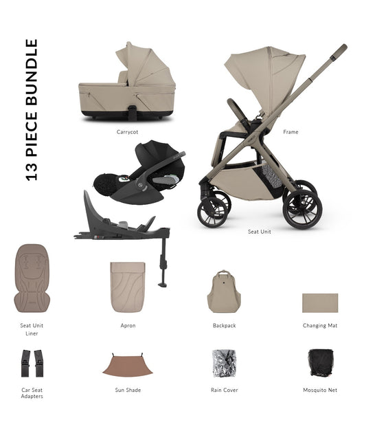 Tila 13 piece pram bundle with cloud t car seat, isofix base and accessories in latte colourway.