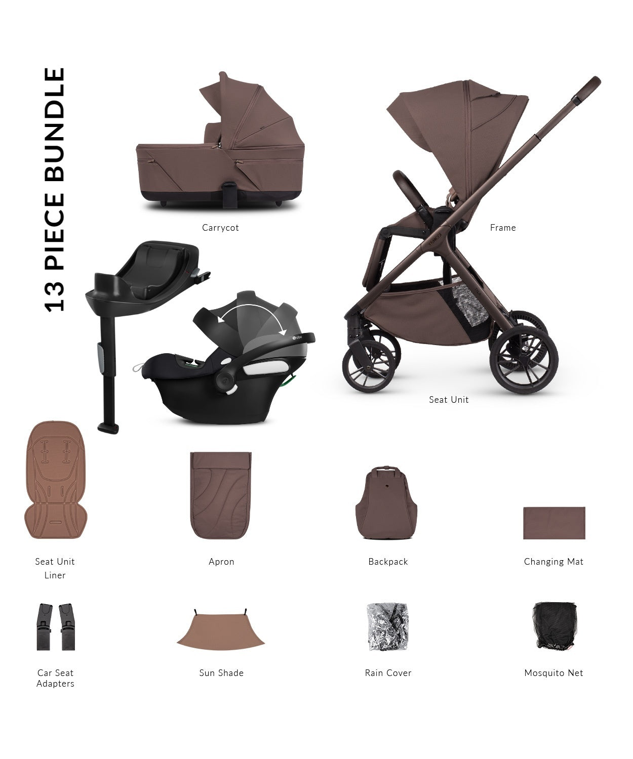 Tila 13 piece pram bundle with aton b2 car seat, isofix base and accessories in noce brown colourway.
