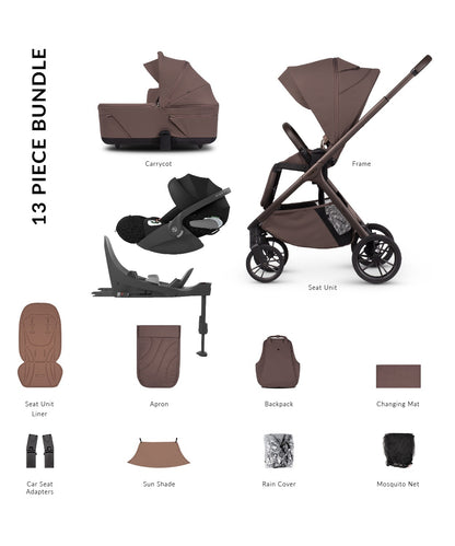Tila 13 piece pram bundle with cloud t car seat, isofix base and accessories in noce brown colourway.