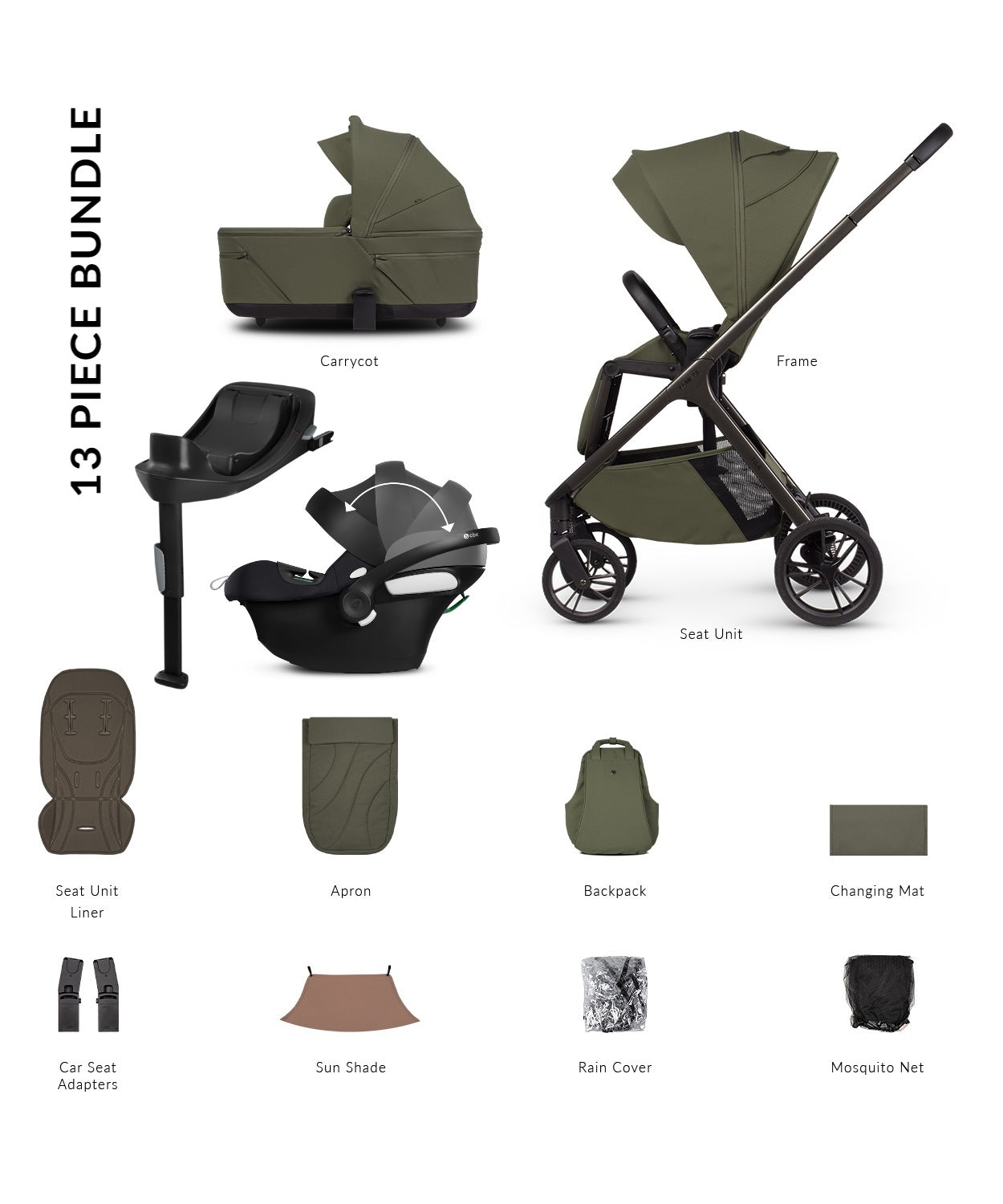Tila 13 piece pram bundle with aton b2 car seat, isofix base and accessories in olive green colourway.