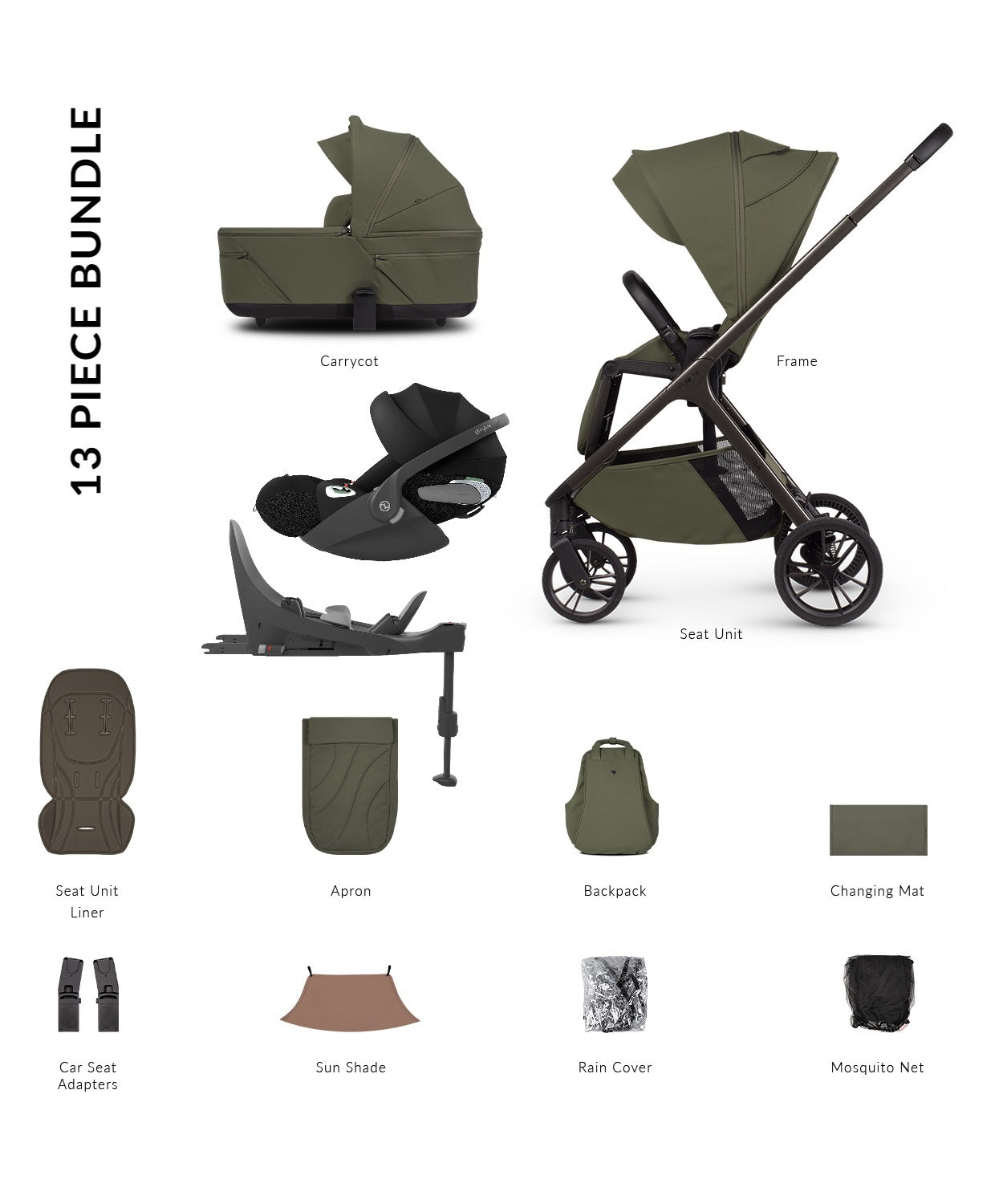 Tila 13 piece pram bundle with cloud t car seat, isofix base and accessories in olive green colourway.