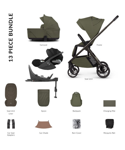 Tila 13 piece pram bundle with cloud t car seat, isofix base and accessories in olive green colourway.