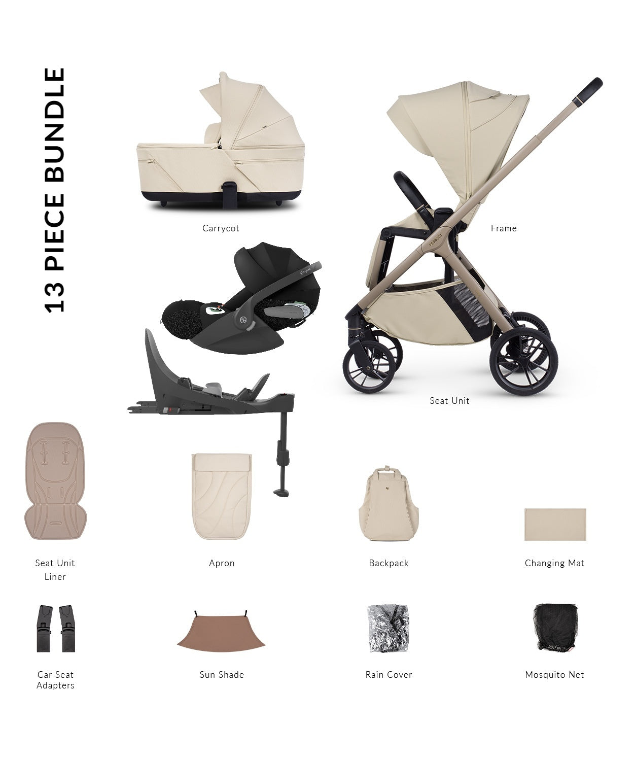 Tila 13 piece pram bundle with cloud t car seat, isofix base and accessories in sabbia white colourway.
