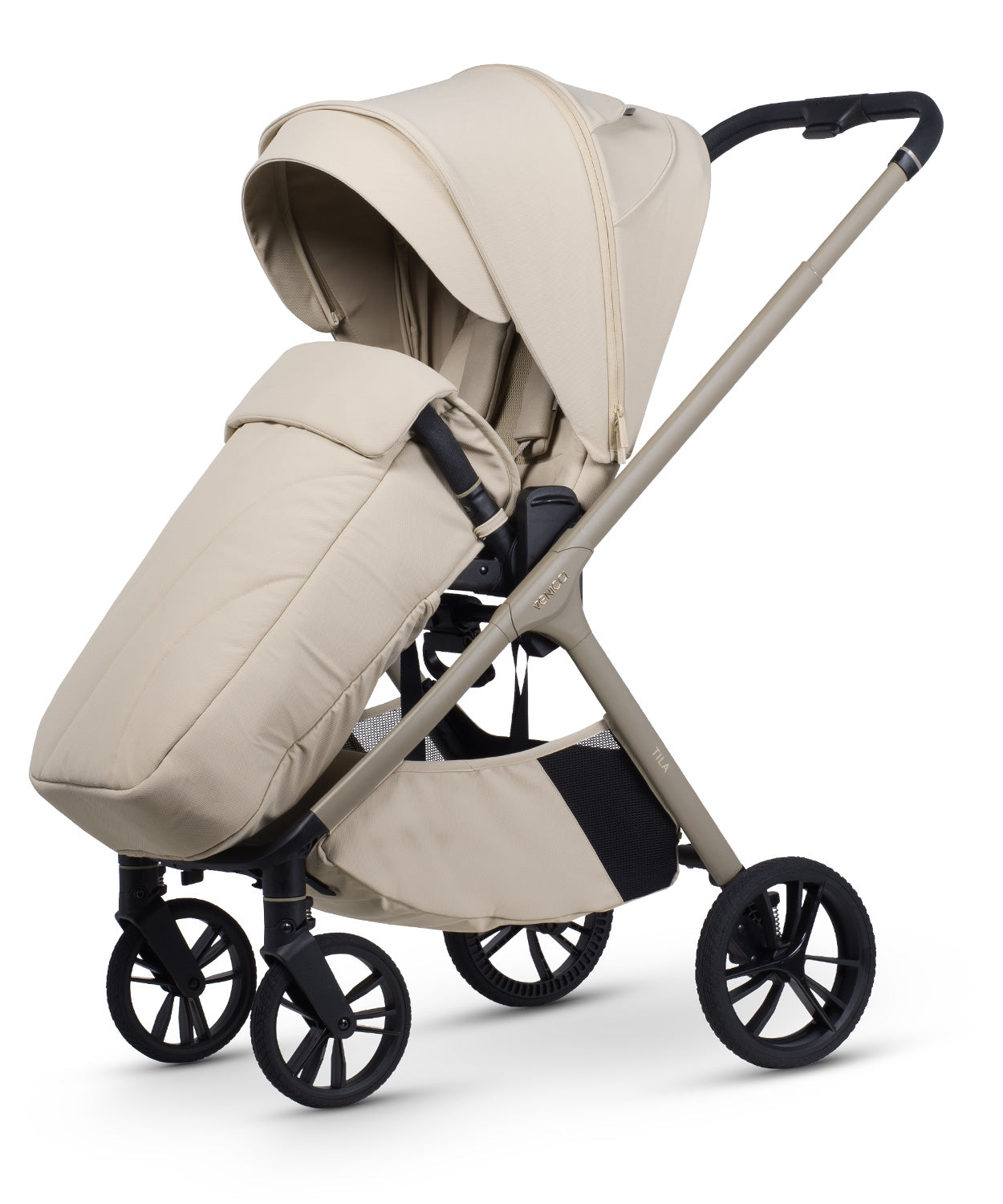 Tila 13 piece pram bundle with aton b2 car seat, isofix base and accessories in sabbia white colourway.