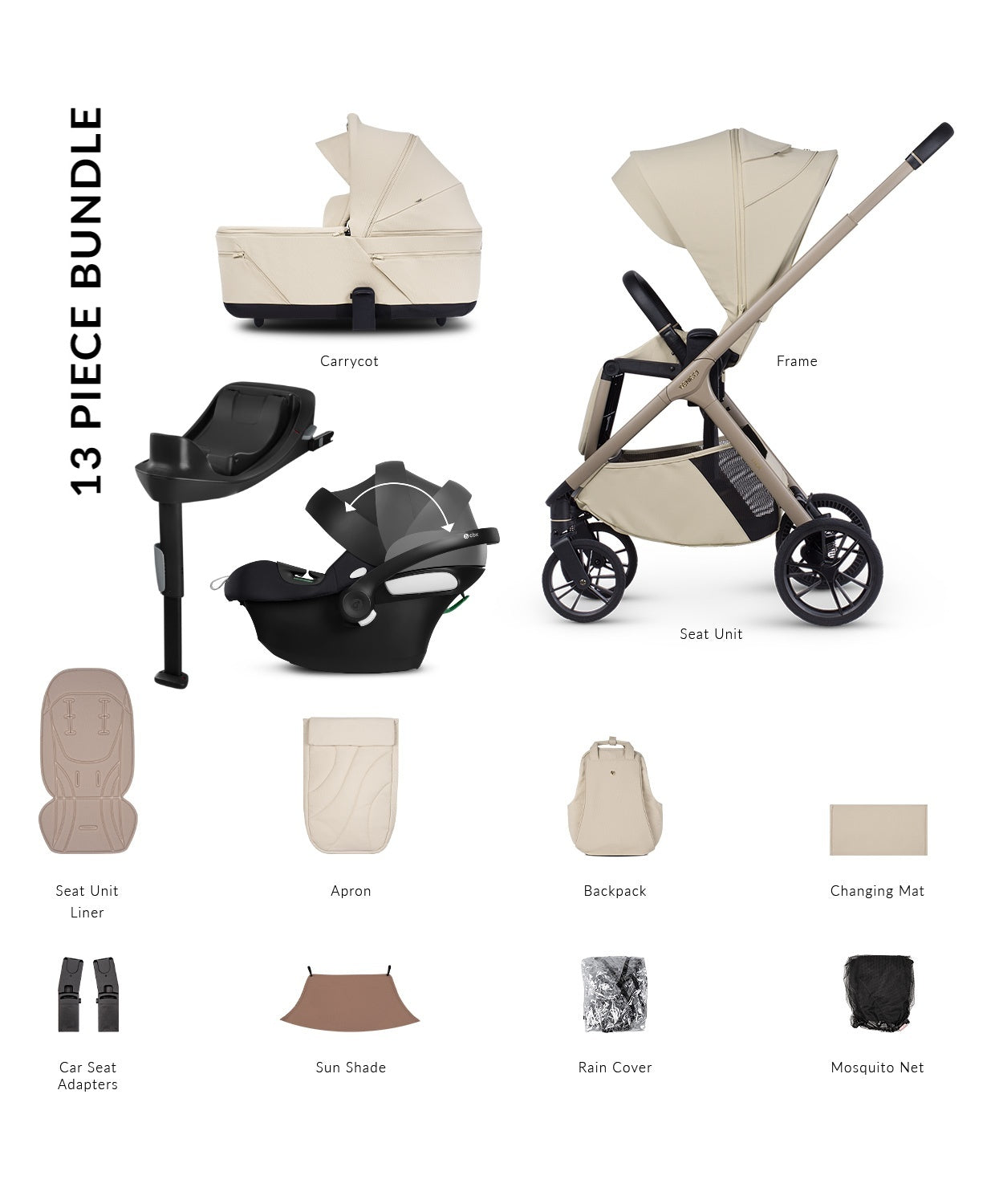 Tila 13 piece pram bundle with aton b2 car seat, isofix base and accessories in sabbia white colourway.