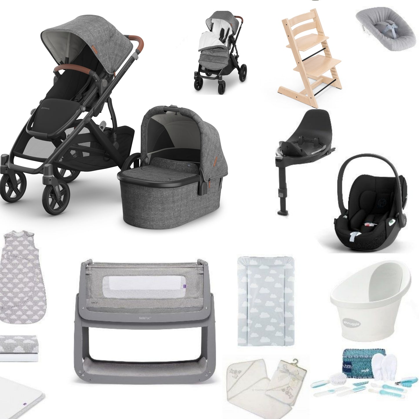 UPPAbaby Vista V3 Pushchair & carrycot in greyson, complete with all babies essential including car seat, tripp trapp highchair, crib and bath.