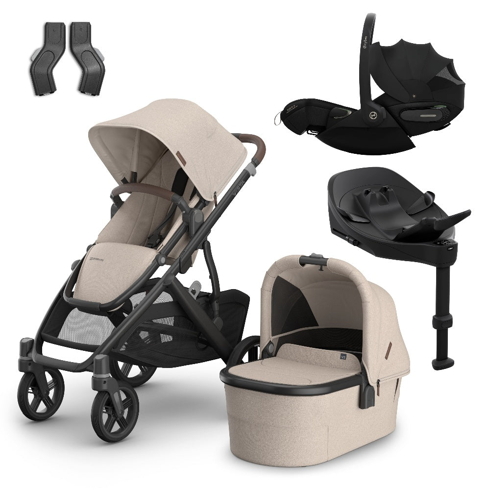 Uppababy Vista V3 travel system in ada beige colour, complete with cloud S car seat and isofix base.