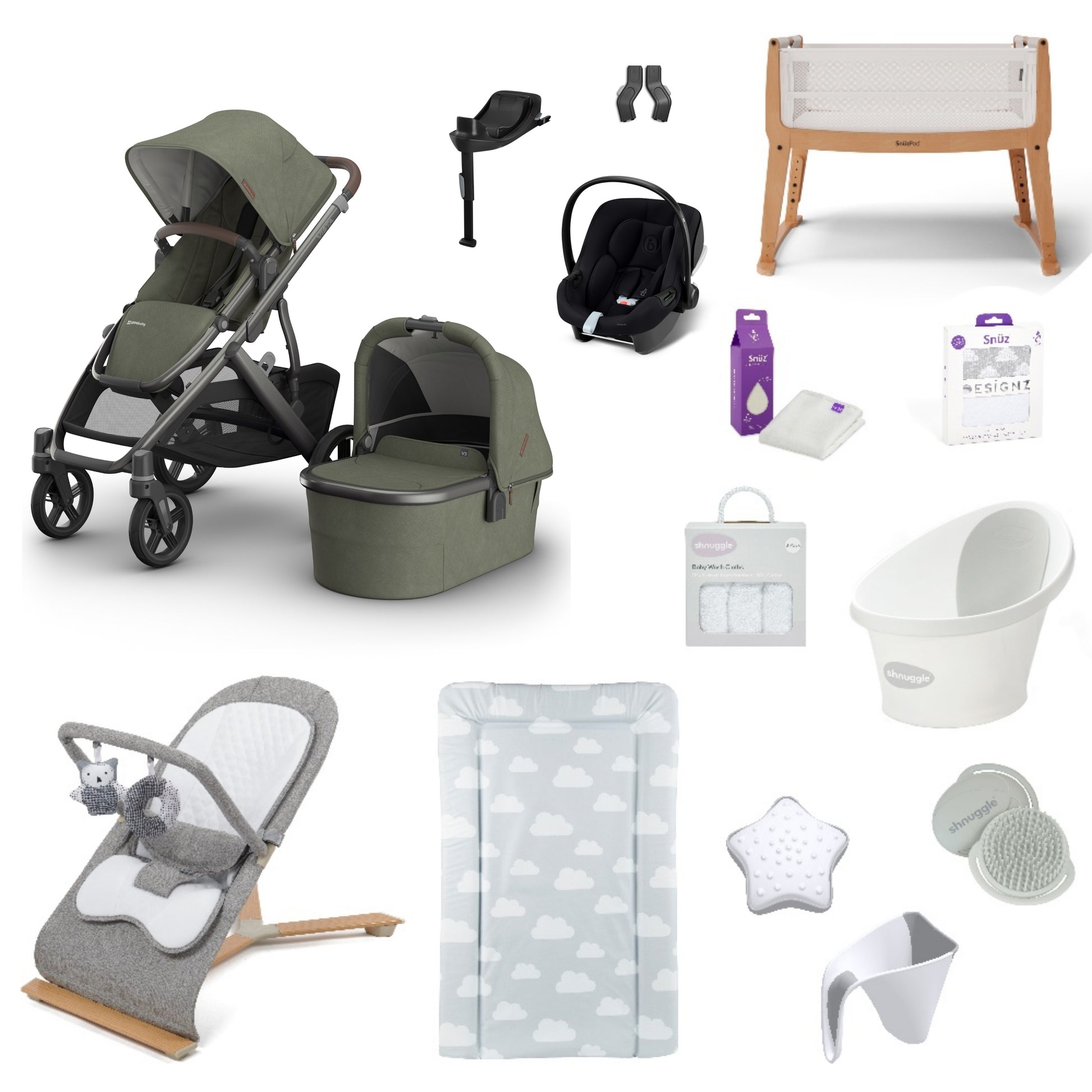 Uppababy Vista V3 Pushchair & carrycot in Evelyn complete with all babies essential including car seat, crib, bath and bath time accessories.