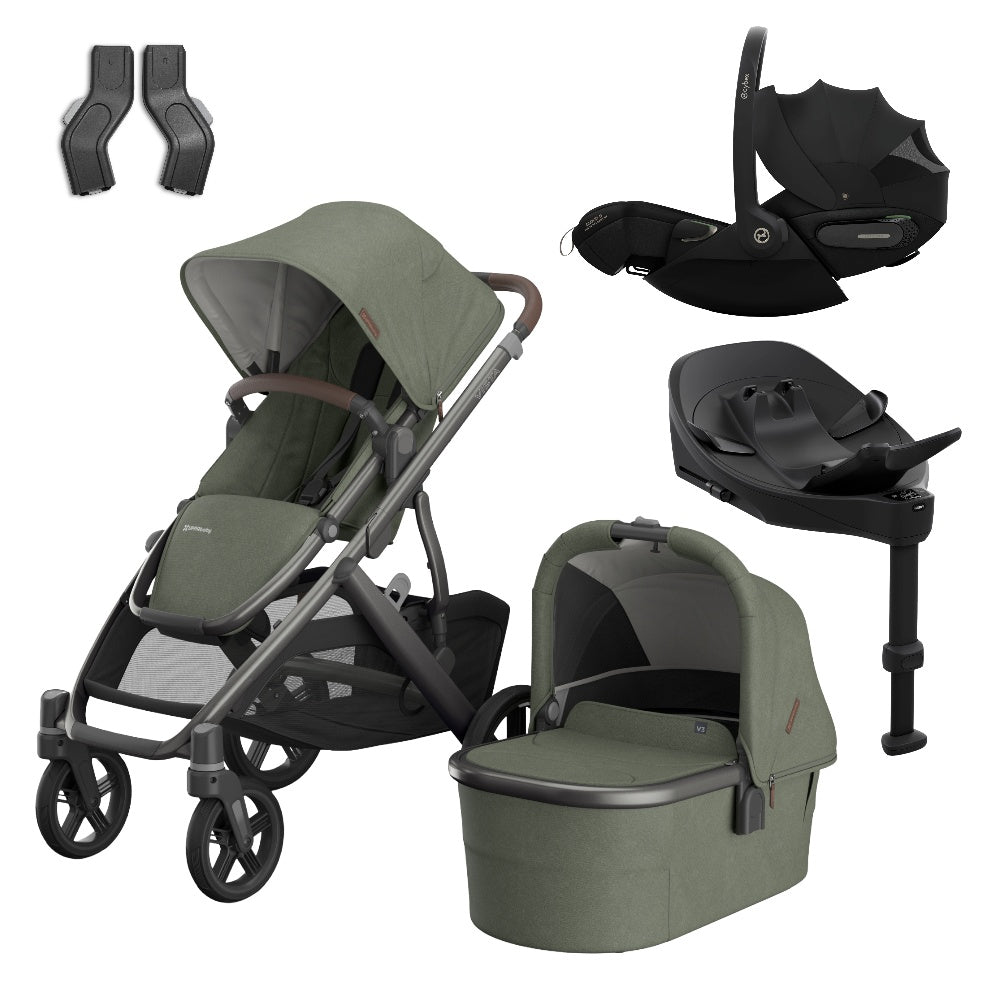 Uppababy Vista V3 travel system in Evelyn green colour, complete with cloud S car seat and isofix base.
