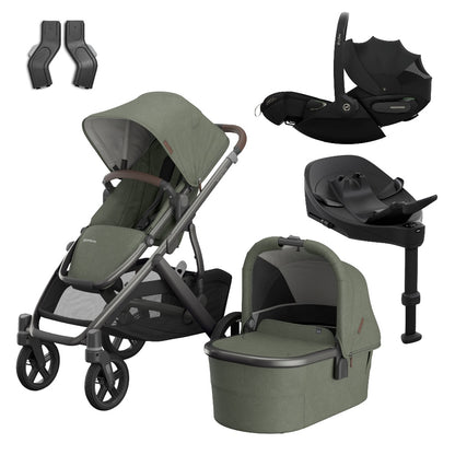 Uppababy Vista V3 travel system in Evelyn green colour, complete with cloud S car seat and isofix base.