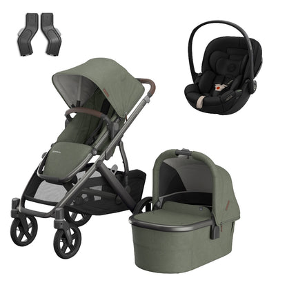 Uppababy Vista V3 travel system in Evelyn green colour, complete with cloud S car seat only.