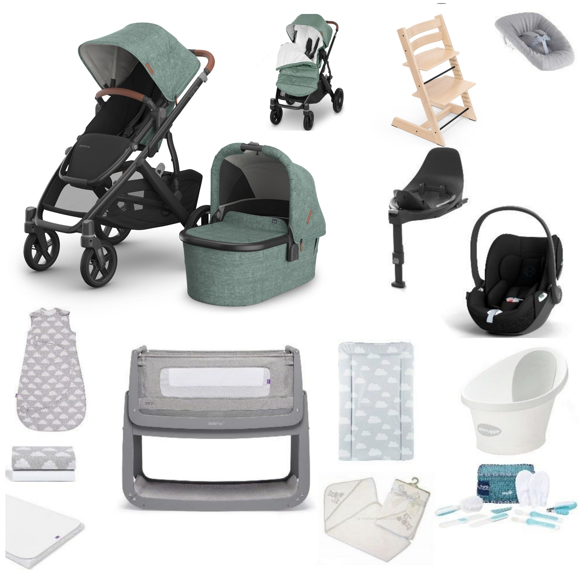 UPPAbaby Vista V3 Pushchair & carrycot in gwen, complete with all babies essential including car seat, tripp trapp highchair, crib and bath.