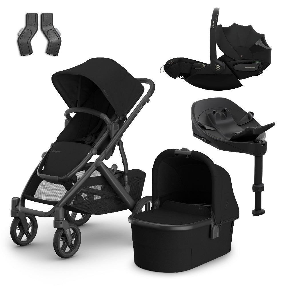 Uppababy Vista V3 travel system in James black colour, complete with cloud S car seat and isofix base.