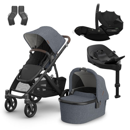 Uppababy Vista V3 travel system in Julian blue colour, complete with cloud S car seat and isofix base.