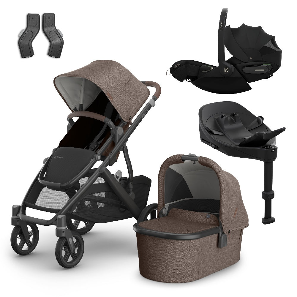 Uppababy Vista V3 travel system in Owen brown colour, complete with cloud S car seat and isofix base.