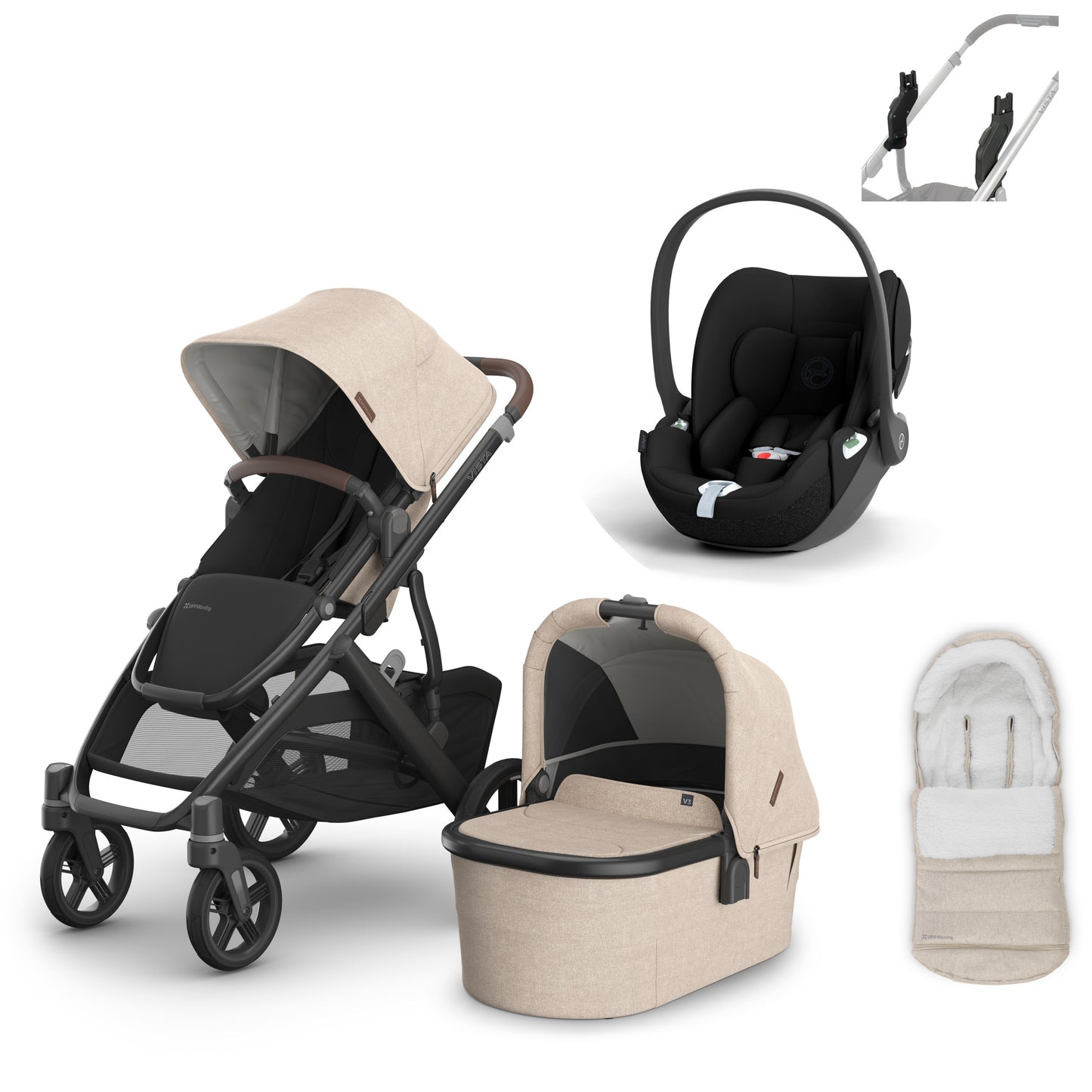 UPPAbaby vista v3 in Liam with a cloud t, and cosy ganoosh footmuff