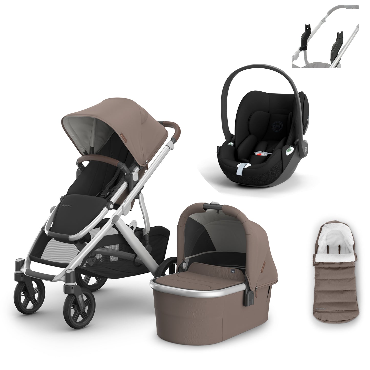 UPPAbaby vista v3 in Savannah with a cloud t and cosy ganoosh footmuff