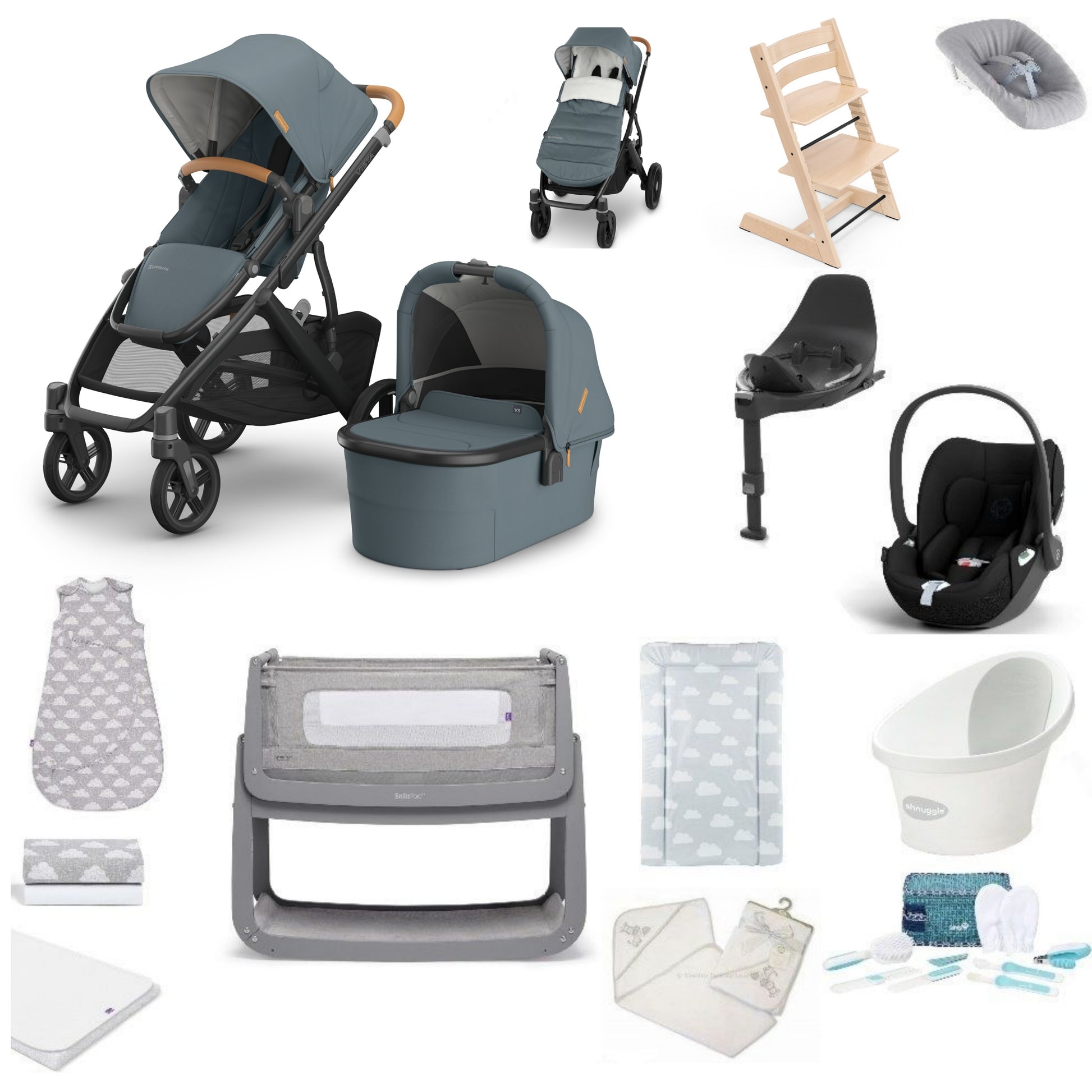 UPPAbaby Vista V3 Pushchair & carrycot in dillan, complete with all babies essential including car seat, tripp trapp highchair, crib and bath.