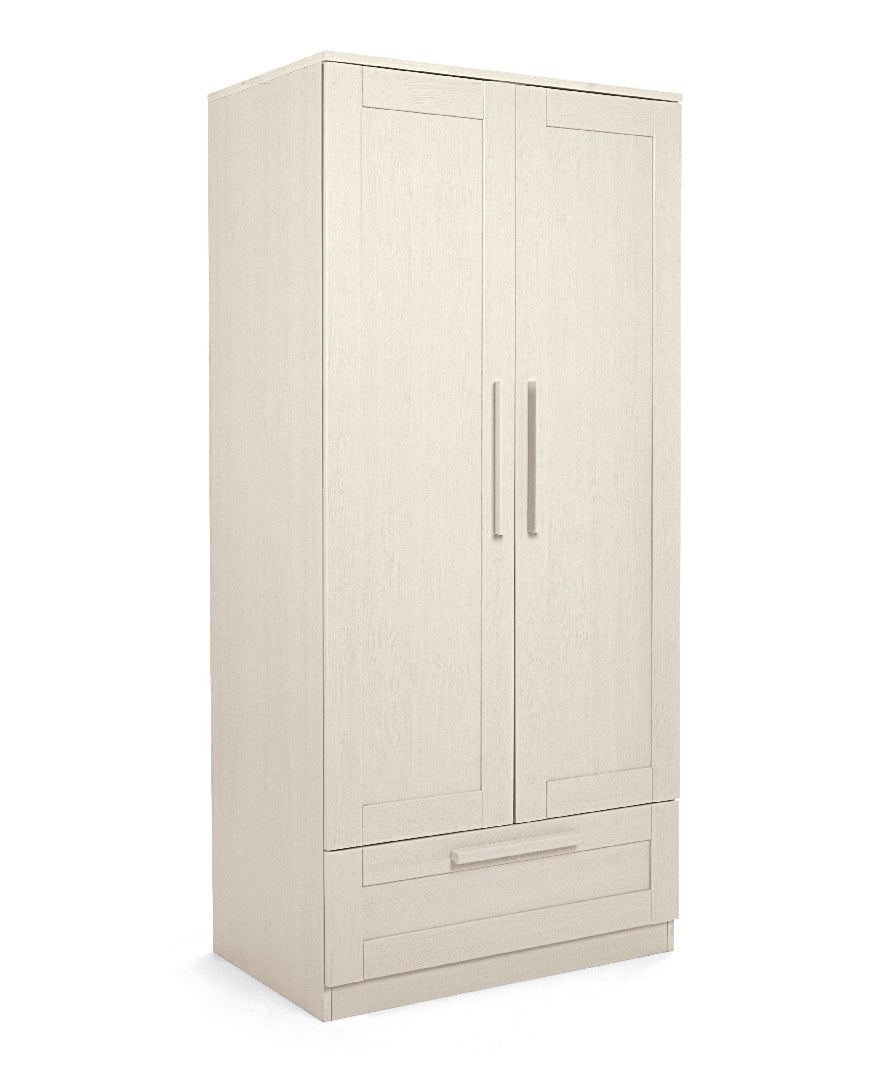 2 door wardrobe with a drawer and hanging rails in stone colour.
