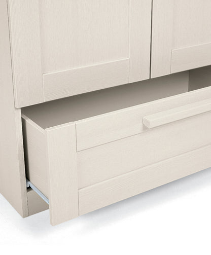 Cot bed, wardrobe and 3 drawer dresser set in stone colour.