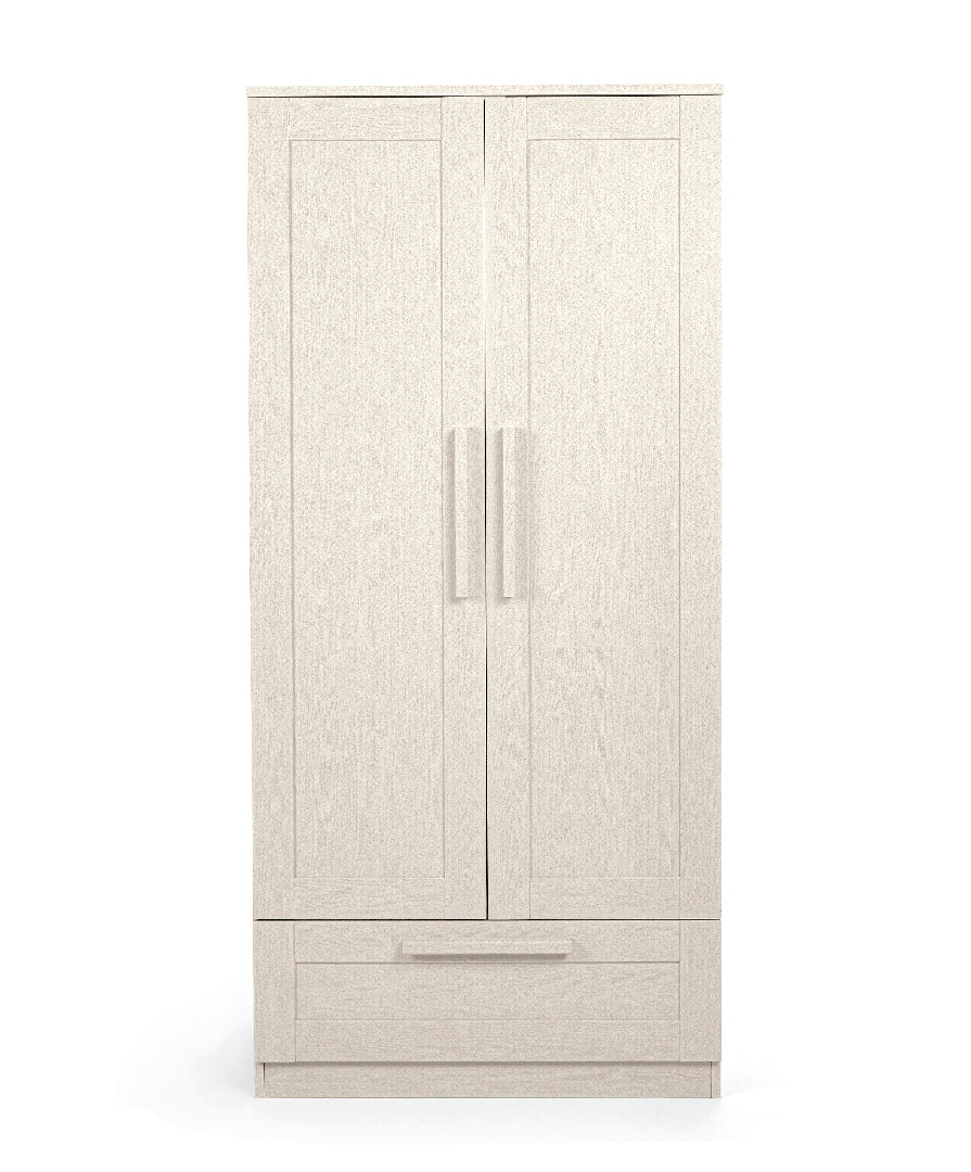 2 door wardrobe with a drawer and hanging rails in stone colour.