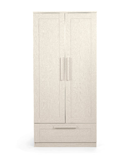 2 door wardrobe with a drawer and hanging rails in stone colour.