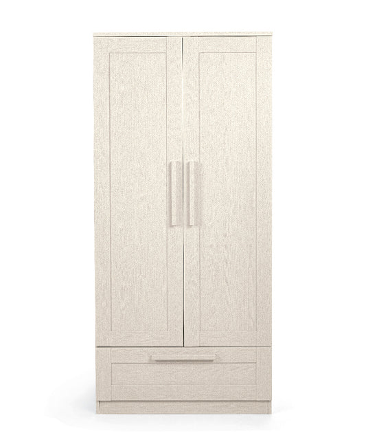 2 door wardrobe with a drawer and hanging rails in stone colour.