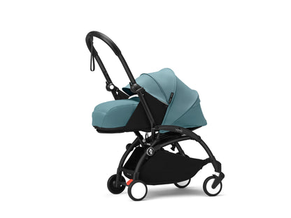 YoYo3 pushchair black chassis with aqua newborn pack and colour pack.