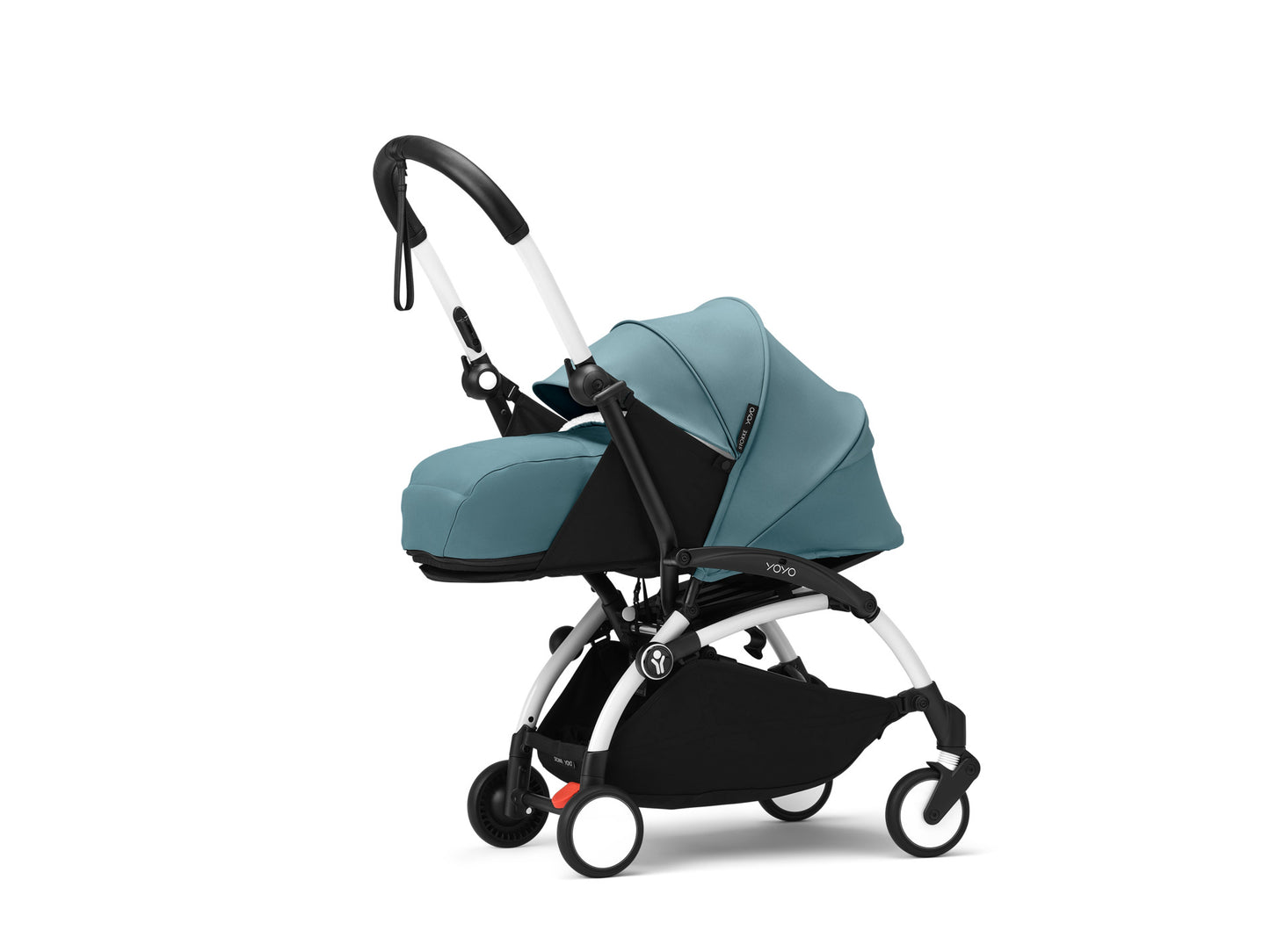 YoYo3 pushchair white chassis with aqua newborn pack and colour pack.