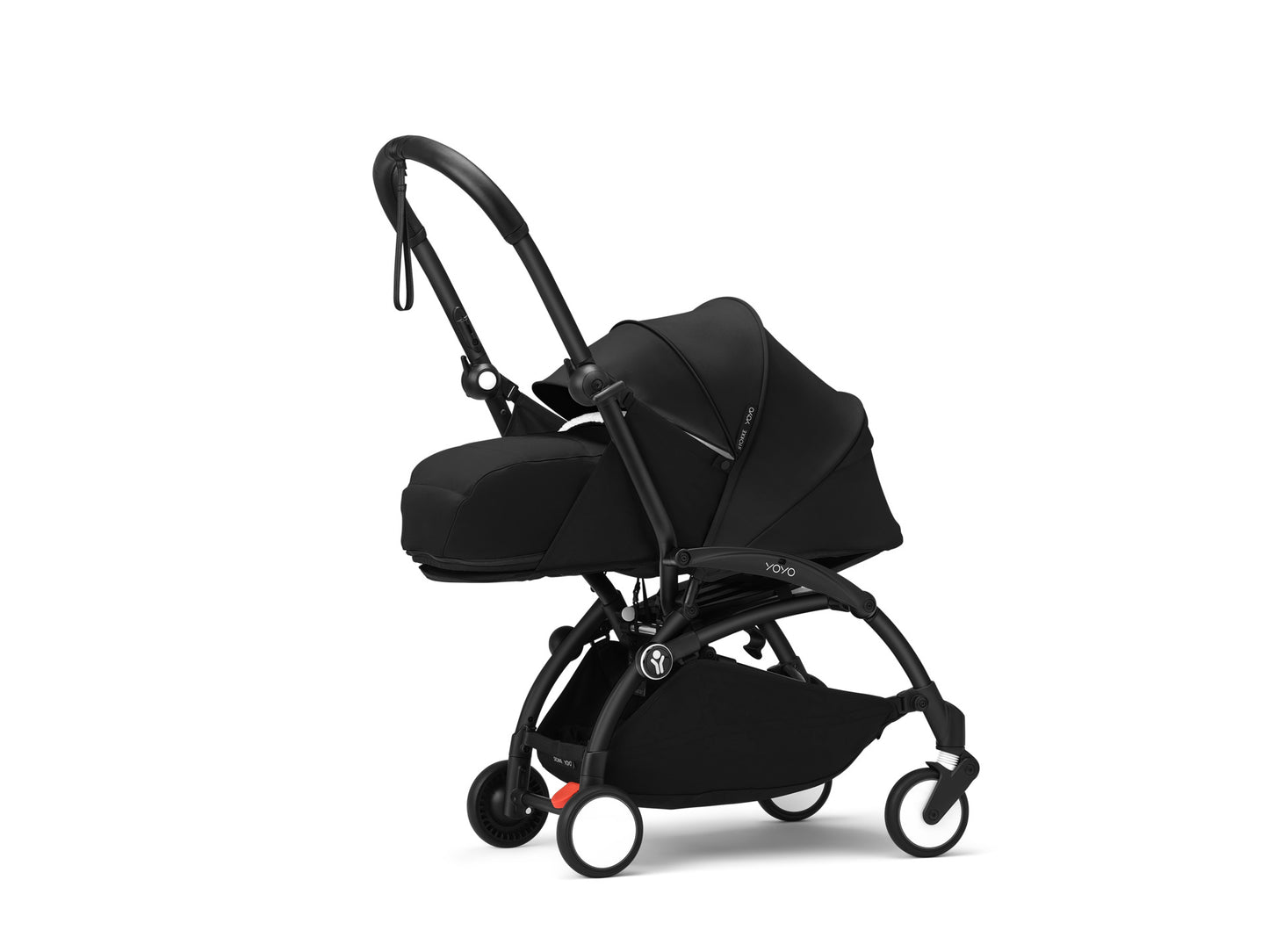 YoYo3 pushchair black chassis with black newborn pack and colour pack.