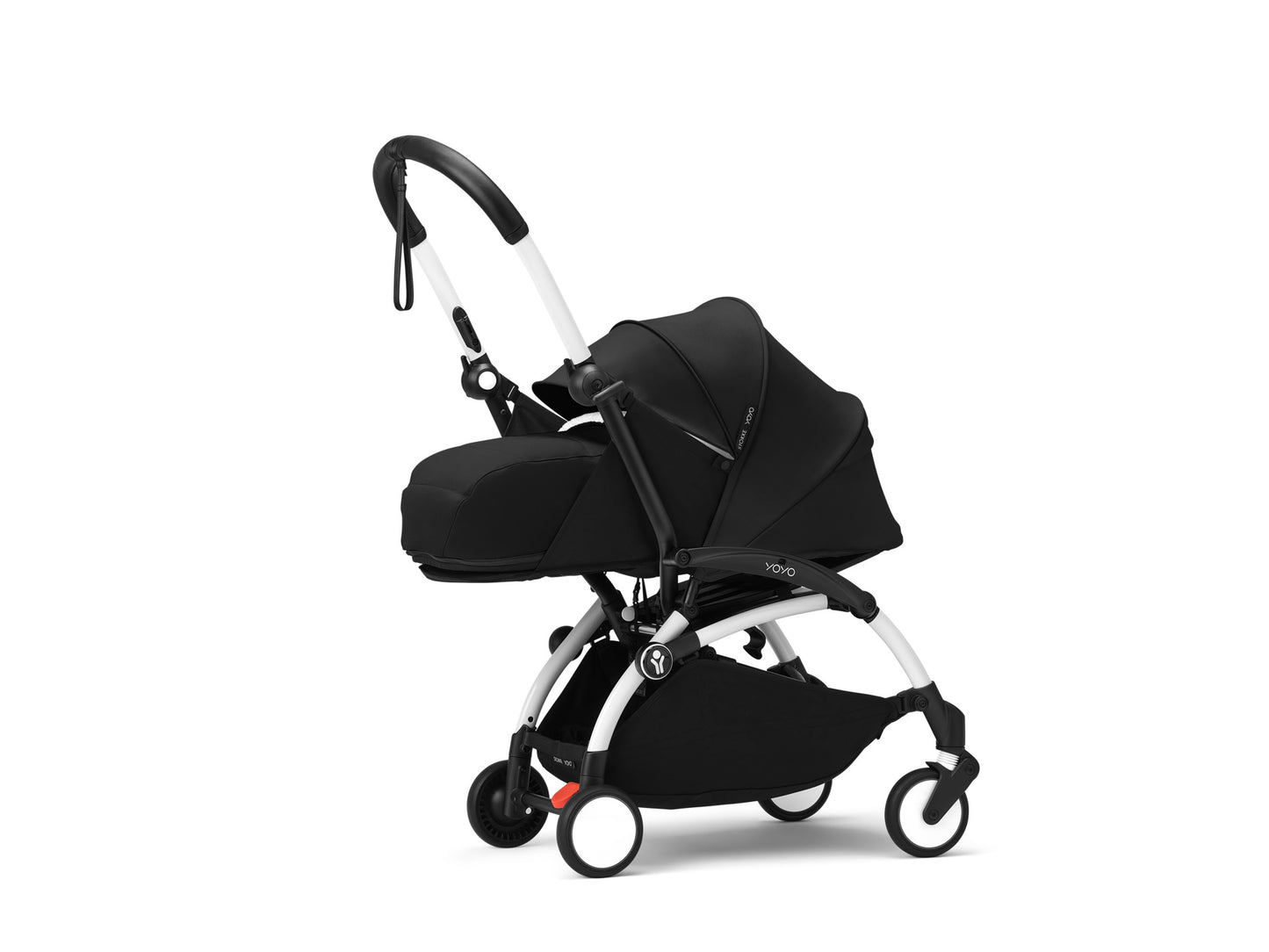 YoYo3 pushchair white chassis with black newborn pack and colour pack.