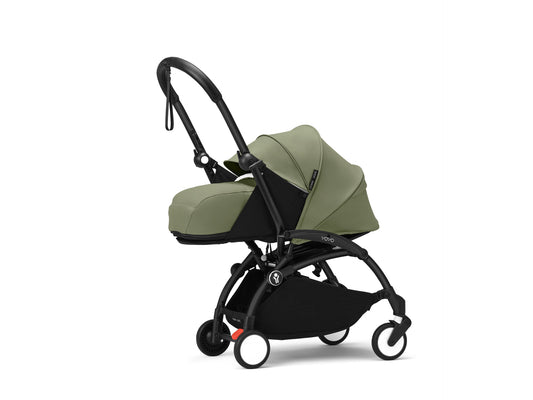 YoYo3 pushchair black chassis with olive newborn pack and colour pack.