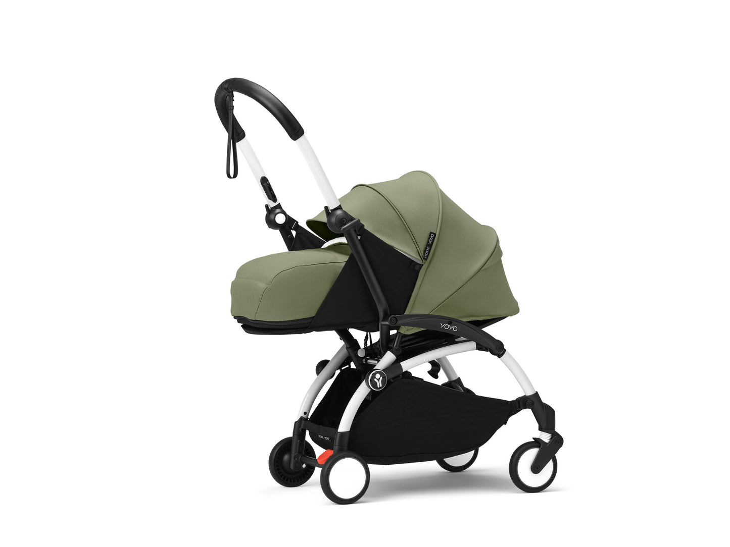 YoYo3 pushchair white chassis with olive newborn pack and colour pack.