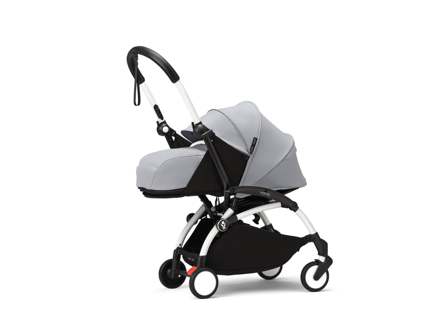 YoYo3 pushchair white chassis with stone newborn pack and colour pack.