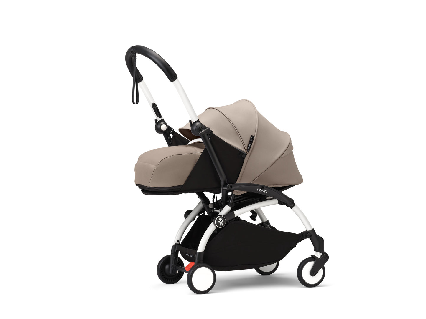 YoYo3 pushchair white chassis with taupe newborn pack and colour pack.