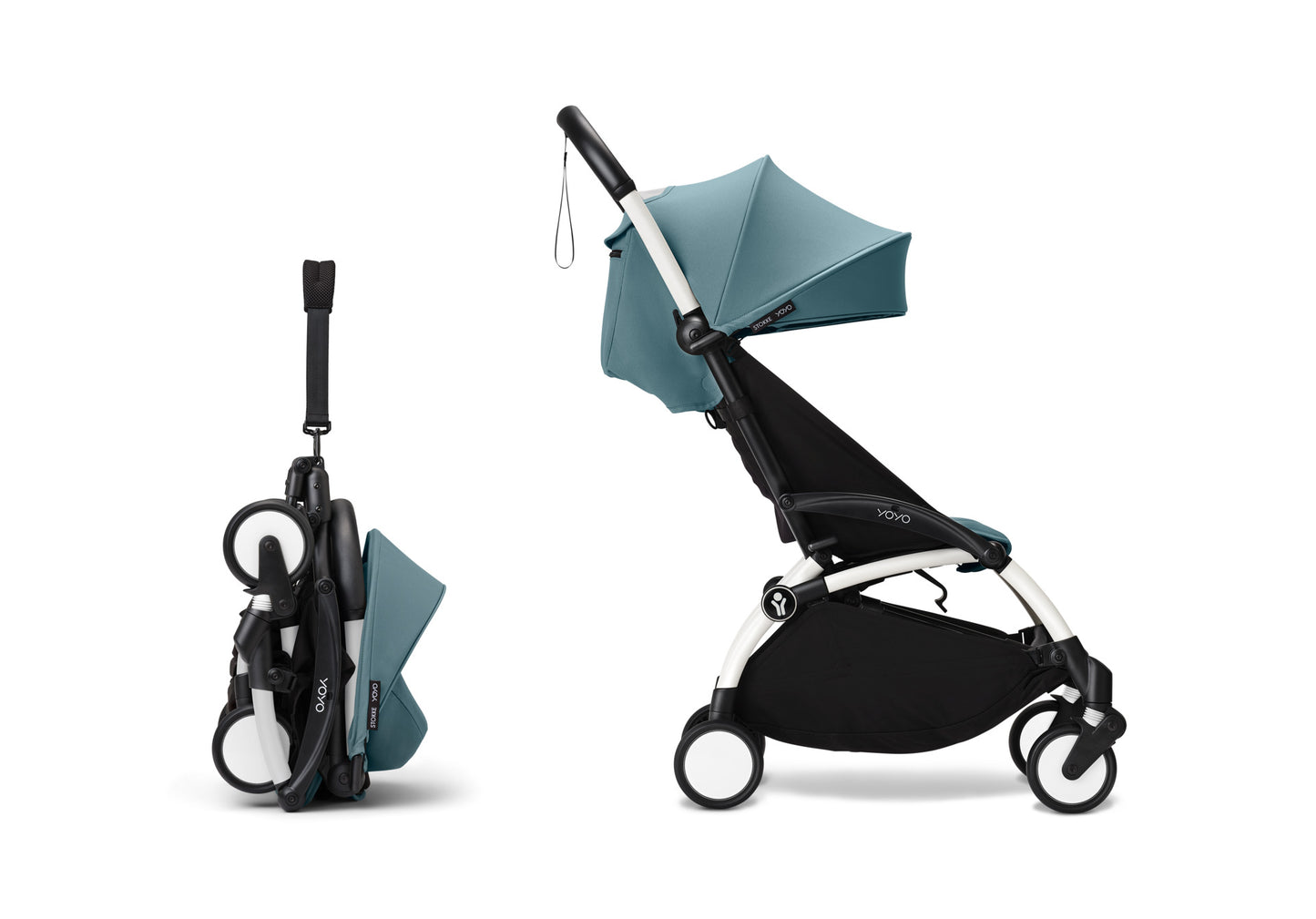 YoYo3 stroller with white chassis and air aqua colour pack.