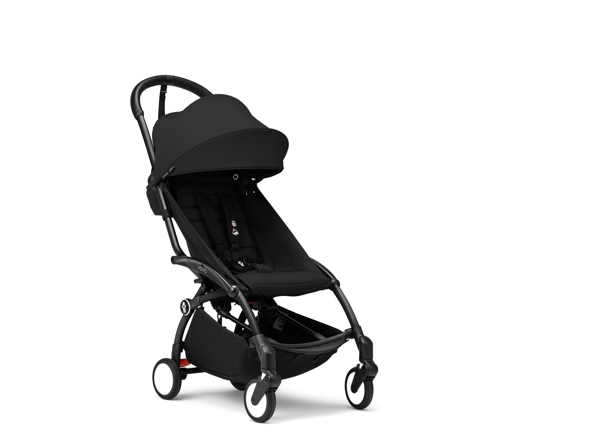 YoYo3 pushchair black chassis with black newborn pack and colour pack.