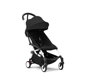 YoYo3 pushchair white chassis with black newborn pack and colour pack.