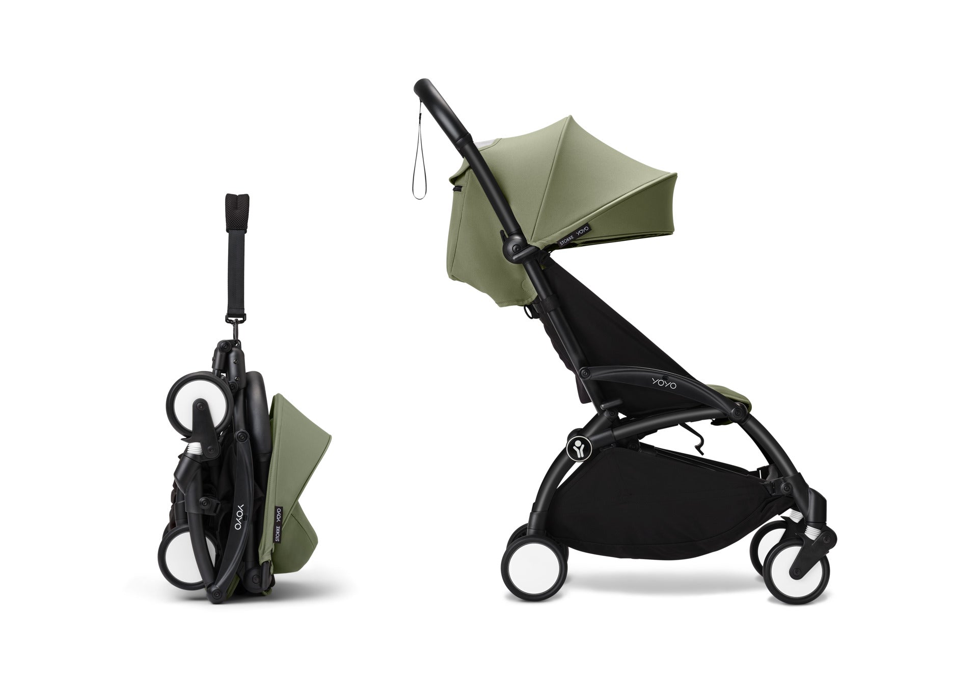 YoYo3 stroller with black chassis and olive colour pack.