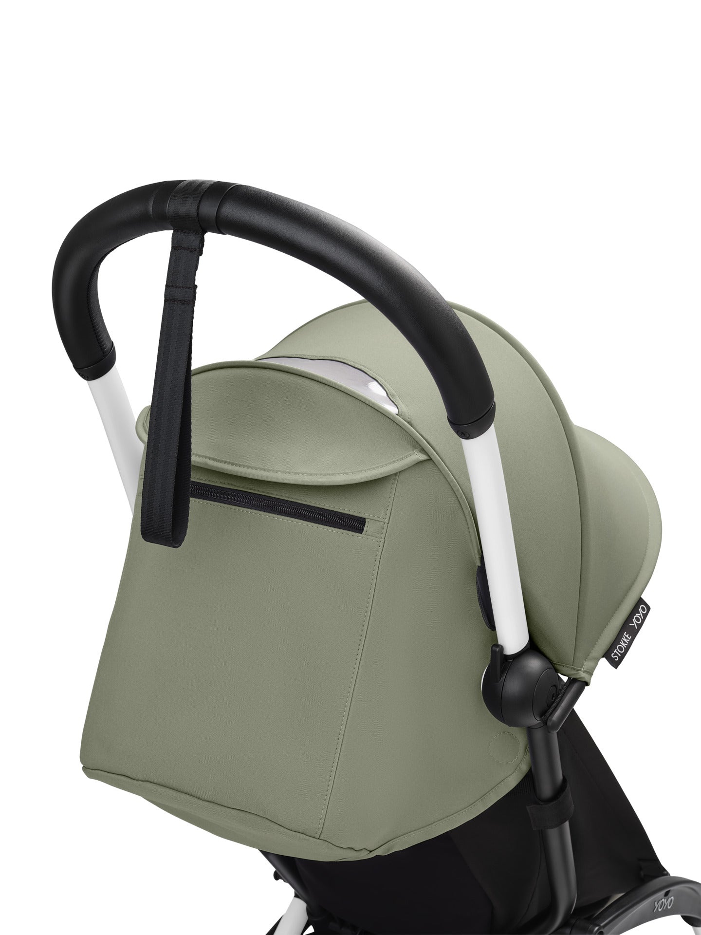 YoYo3 stroller with white chassis and olive colour pack.