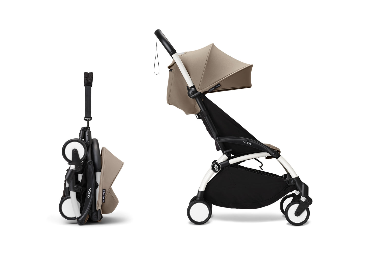 YoYo3 stroller with white chassis and taupe colour pack.