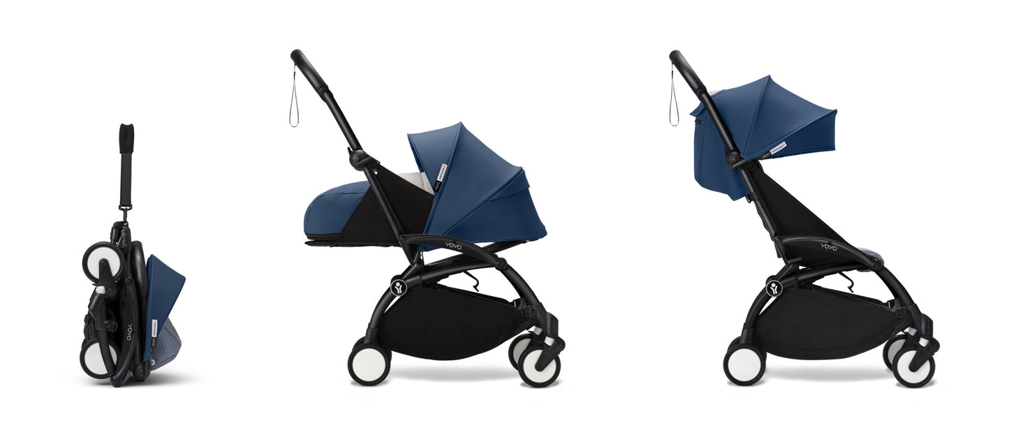 YoYo3 pushchair black chassis with air france newborn pack and colour pack.