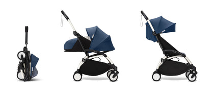 YoYo3 pushchair white chassis with air france newborn pack and colour pack.
