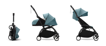 YoYo3 pushchair black chassis with aqua newborn pack and colour pack.