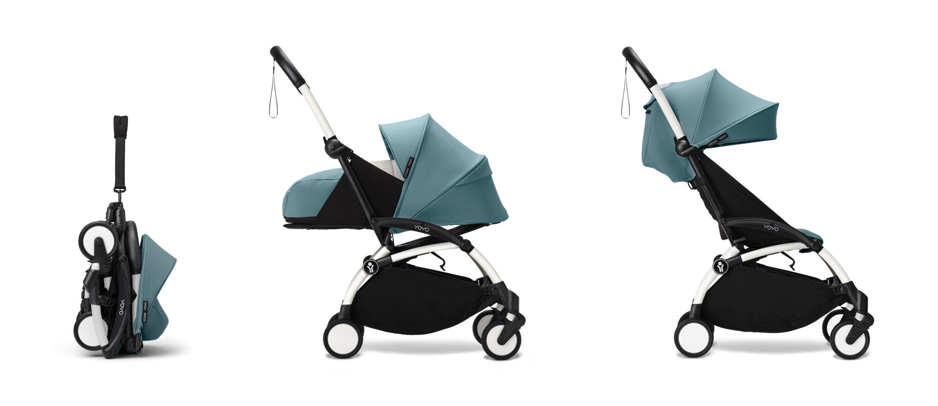 YoYo3 pushchair white chassis with aqua newborn pack and colour pack.