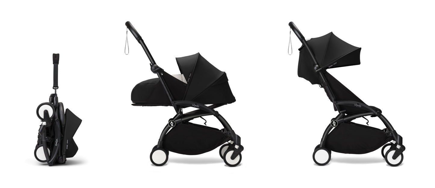 YoYo3 pushchair black chassis with black newborn pack and colour pack.