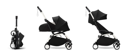 YoYo3 pushchair white chassis with black newborn pack and colour pack.