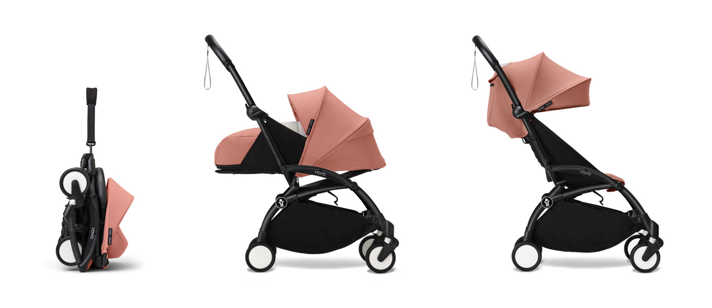 YoYo3 pushchair black chassis with ginger newborn pack and colour pack.